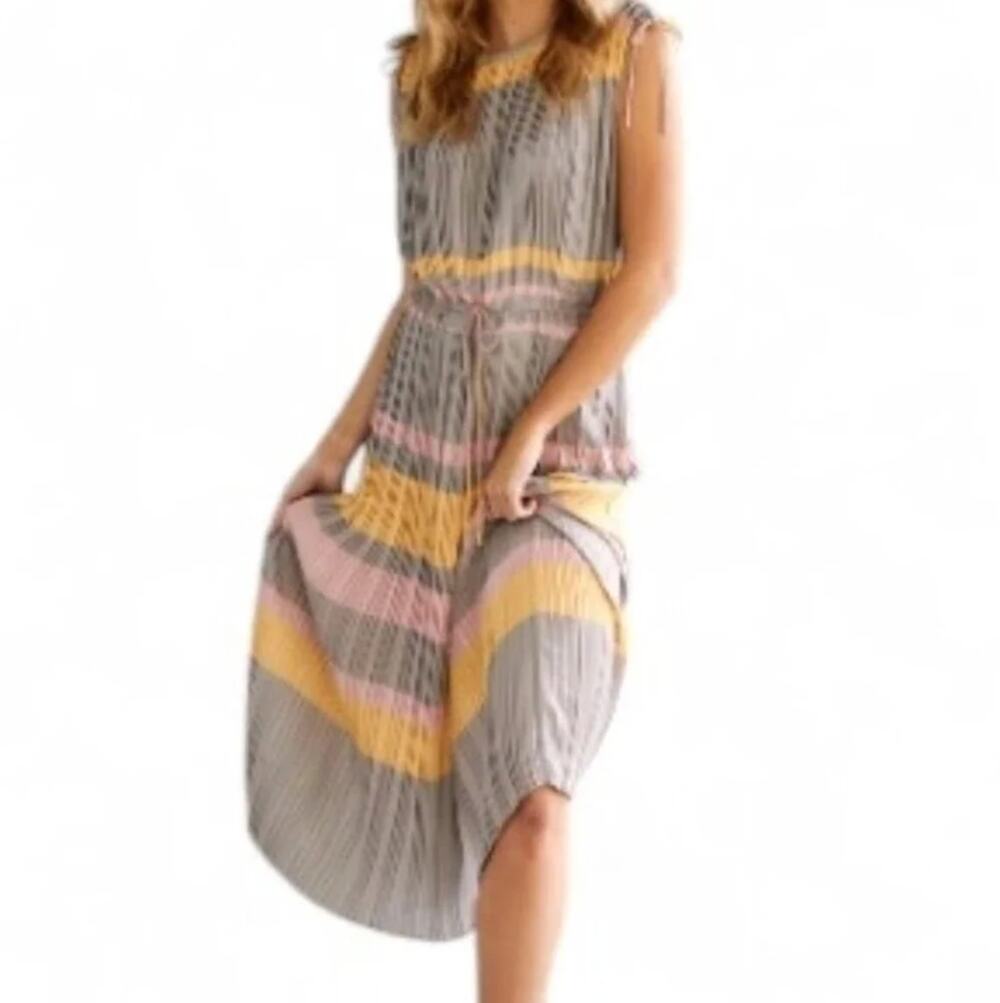 Fab'rik Pleated Striped Midi Dress Yellow Pink Gray Small